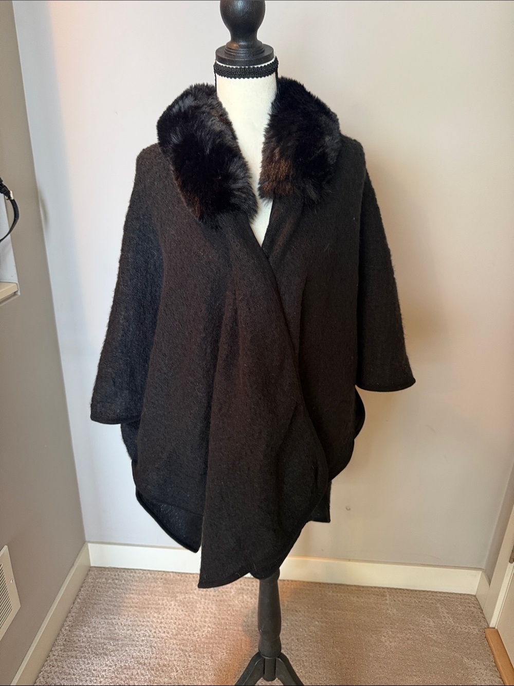 Elegant INC International Concepts Black Faux Fur Collar Poncho Sweater